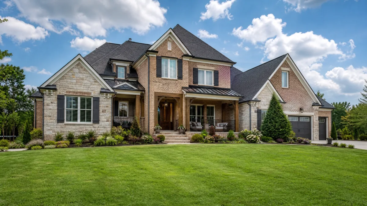 Stone and brick custom home for sale in Tullahoma Tennessee with landscaped front yard and covered porch