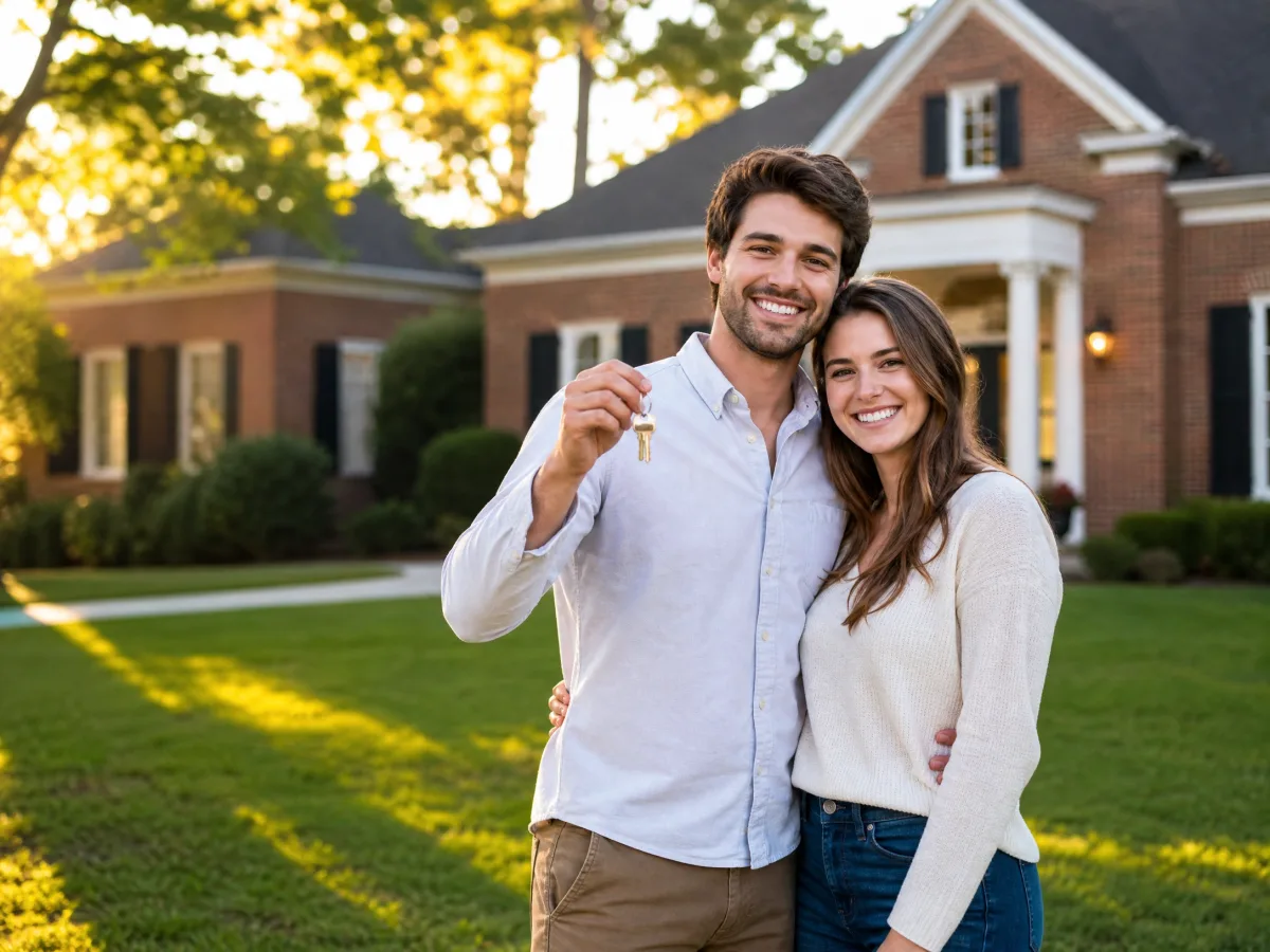 Happy young couple holding house keys in front of their newly purchased Tullahoma TN home at sunset